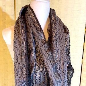 BLACK GRAY SILVER INFINITY SCARF with BLACK LACE and METALLIC THREAD - G…